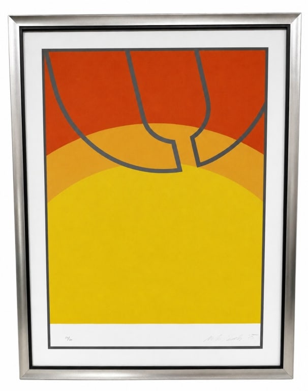 MILOS URBASEK ABSTRACT SERIGRAPH 36": Original limited-edition abstract serigraph by Slovak modernist artist Milo? Urb?sek (1922?1988), a prominent figure in postwar Central European geometric abstraction and constructivist art. This stri