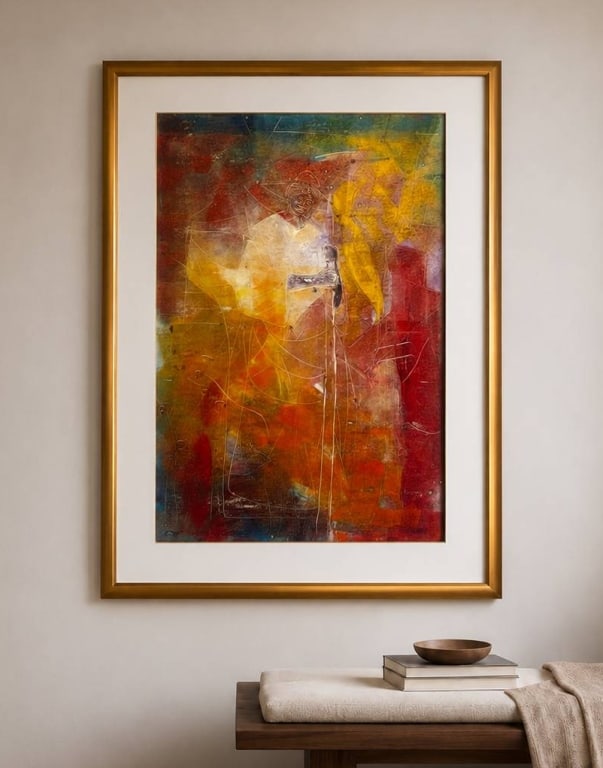 LARGE WARM TONED ABSTRACT STYLE ARTWORK 54": Large unsigned abstract figural artwork presented under glass in a substantial gold-tone frame with wide white matting. The composition features a bold modernist-style arrangement of warm red, orange,