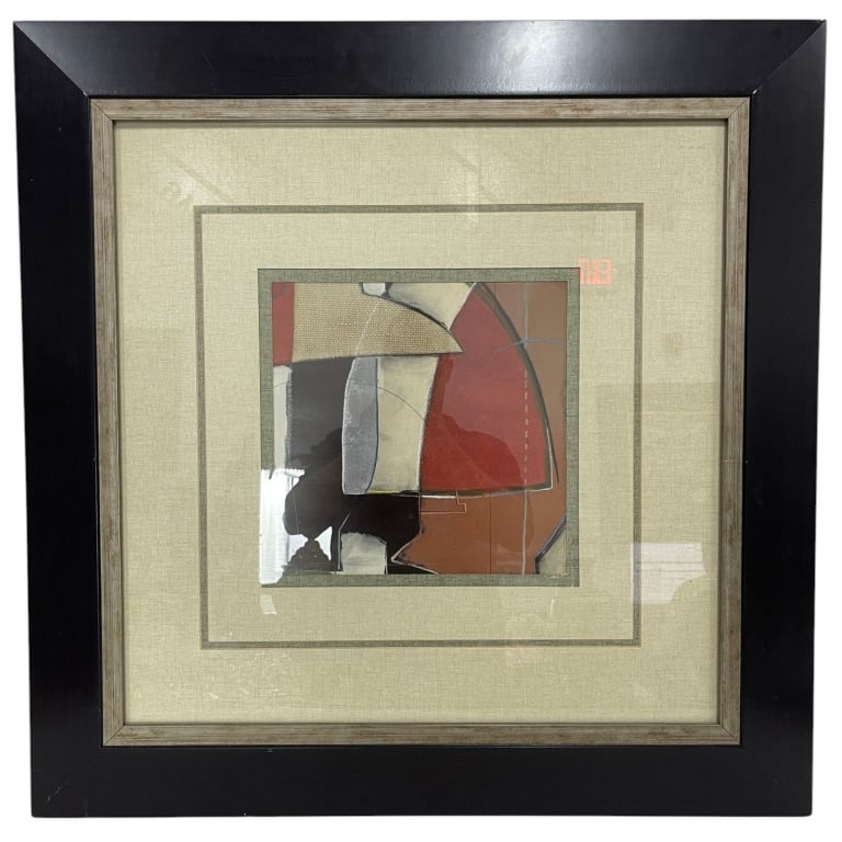 FRAMED ABSTRACT GEOMETRIC PRINT 31": Contemporary abstract geometric composition featuring layered forms in warm earth tones of rust, beige, black, and taupe. The work presents a sophisticated arrangement of intersecting shapes and