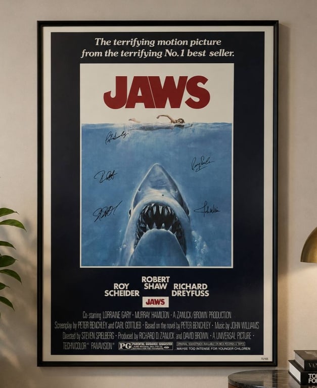JAWS POSTER SIGNED WITH FRAME 38": Jaws movie poster signed by six individuals, including Roy Scheider and John Williams. Poster is framed and measures approximately 25 by 38 inches. Includes mounting information on reverse side of