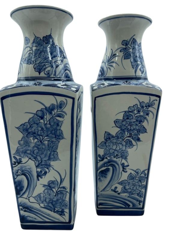 PAIR OF BLUE & WHITE PORCELAIN FLORAL VASES 16" (1 of 4)