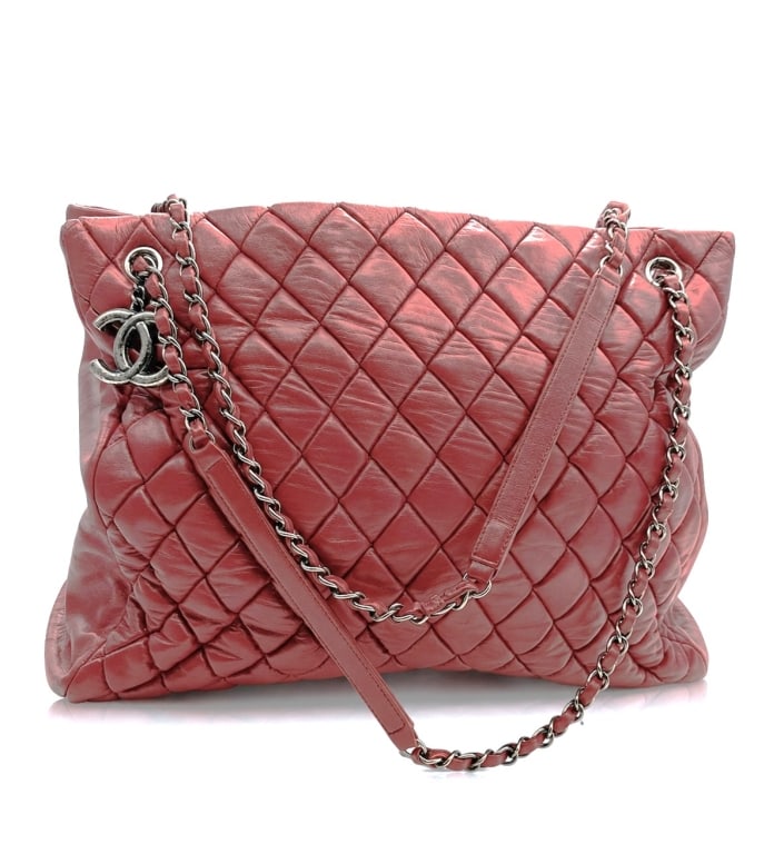CHANEL RED LAMBSKIN NEW BUBBLE QUILT TOTE 14" (1 of 9)