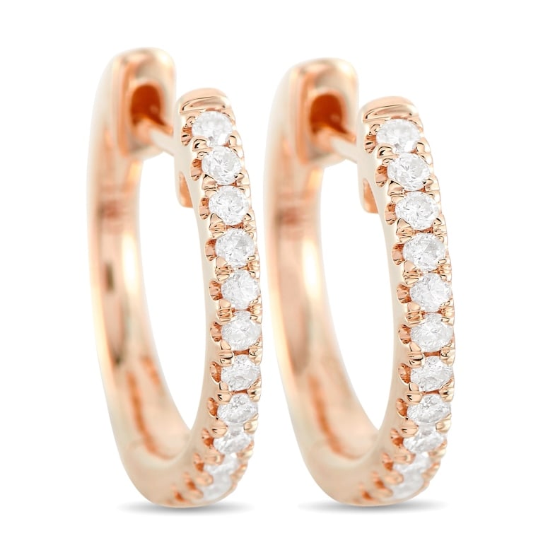 14K ROSE GOLD 0.22CT DIAMOND HOOP EARRINGS AER-984: A classic woman's choice. The LB Exclusive 14K rose gold 0.22ct diamond hoop earrings displays timeless elegance perfect for elevating the look of any outfit. Shimmering round diamonds sparkle along t