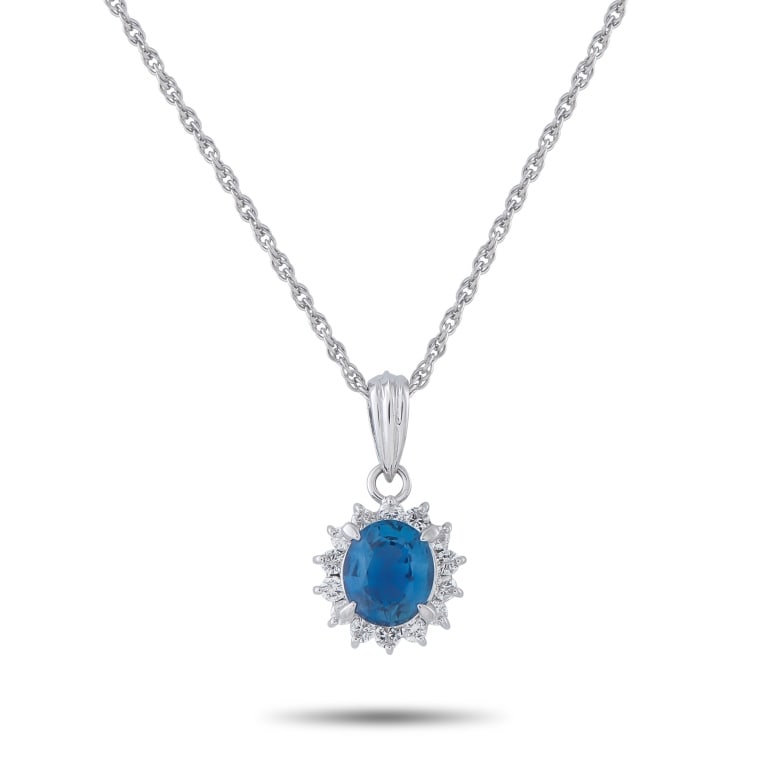 PLATINUM 0.27CT DIAMOND AND SAPPHIRE PENDANT NECKL: This luxury necklace is instantly captivating. A vibrant 1.45 carat Sapphire serves as a stunning focal point, while Diamonds totaling 0.27 carats effortlessly emanate light. Set in Platinum, the pend
