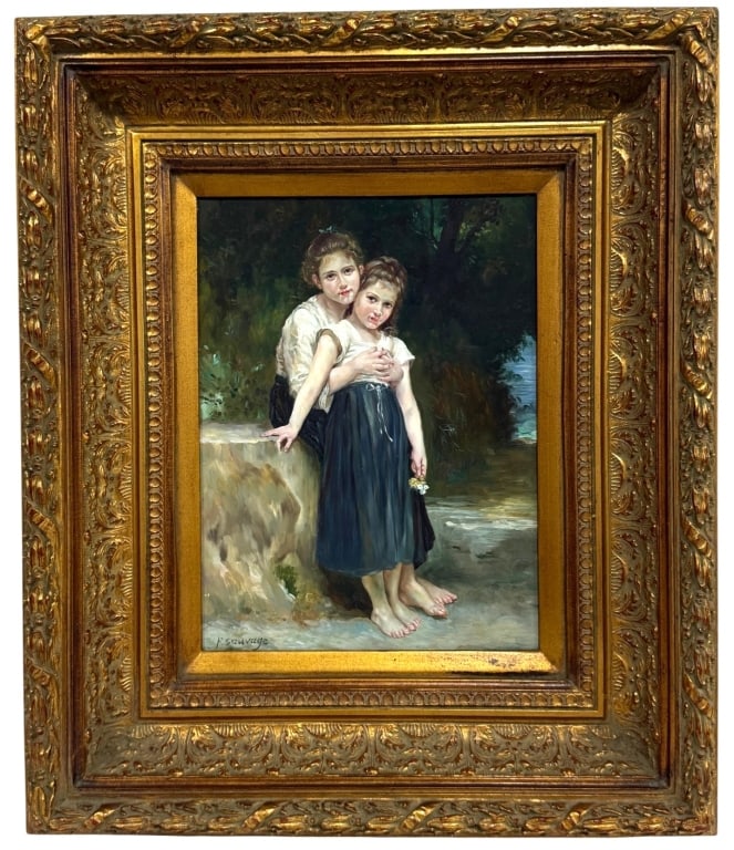 PHILIPPE SAUVAGE 'DEUX ENFANTS' OIL PAINTING: Philippe Francois Sauvage (France/Belgium, 19th/20th century) antique European oil painting on board depicting two young girls in an outdoor setting, one embracing the other while seated beside a