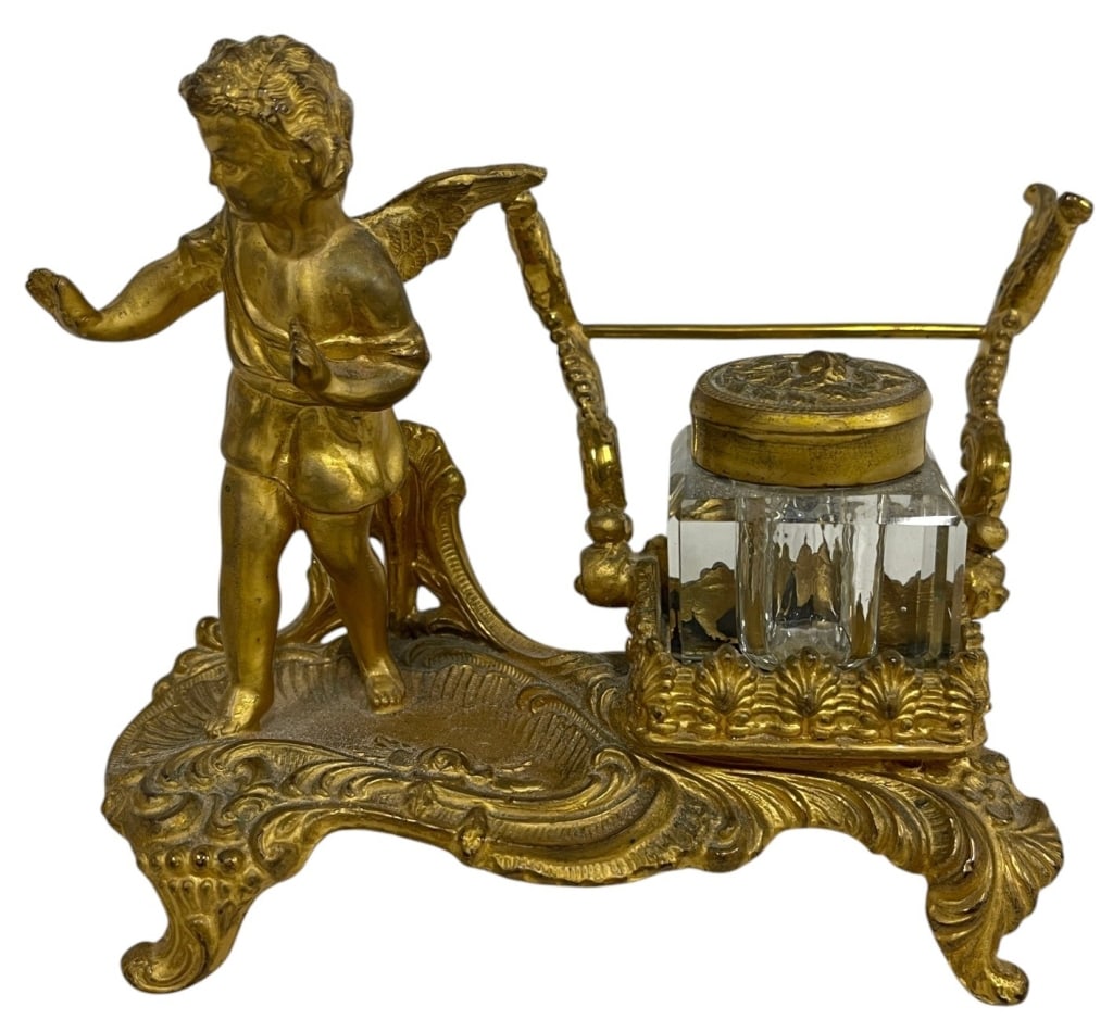 FRENCH GILT BRONZE CHERUB INKWELL STAND 5" (1 of 8)