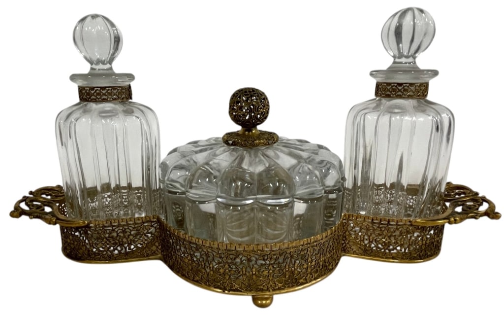 FRENCH GILT FILIGREE CRYSTAL VANITY SET 12" (1 of 9)