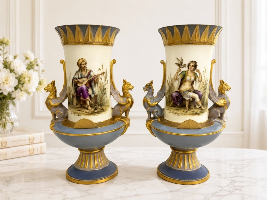 PR OF FRENCH EMPIRE REVIVAL PORCELAIN URNS 12.5" (1 of 13)