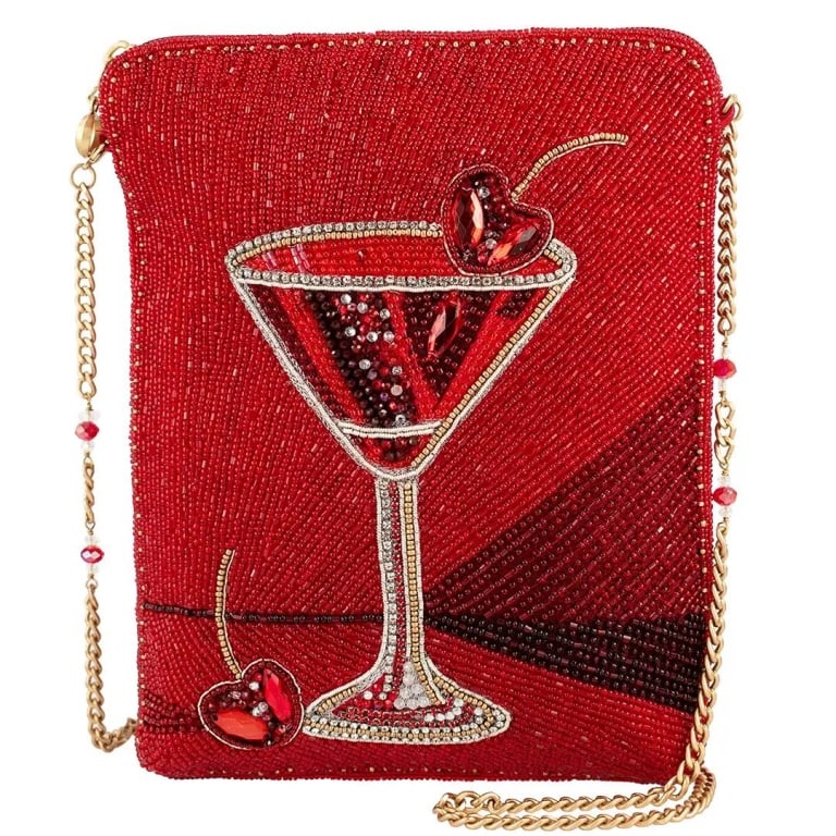 NEW MARY FRANCES TOP SHEF MARTININ BAG: For the woman who believes happy hour deserves a dress code, meet your perfect plus one. The Top Shelf purse is a head-to-toe red hand-beaded beauty featuring a sparkling cocktail glass and cherries t
