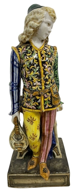ITALIAN MAJOLICA MUSICIAN FIGURAL STATUE 14": Colorful Italian majolica figural sculpture depicting a Renaissance-style musician holding a lute. Finely detailed with richly hand-painted polychrome decoration, scrolling foliate motifs, and period 
