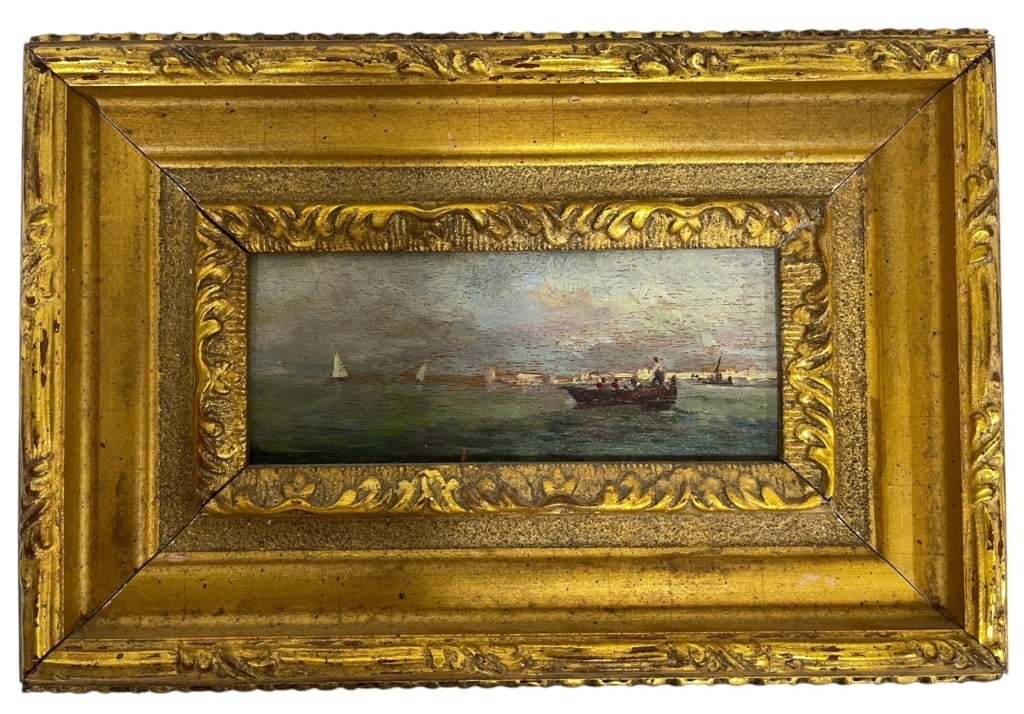 ANTIQUE IMPRESSIONIST MARINE OIL ON PANEL 13": This fine Impressionist marine painting depicts a tranquil harbor scene with sailboats and a working vessel rendered in loose, atmospheric brushwork. Executed in oil on wood panel, the composition cap