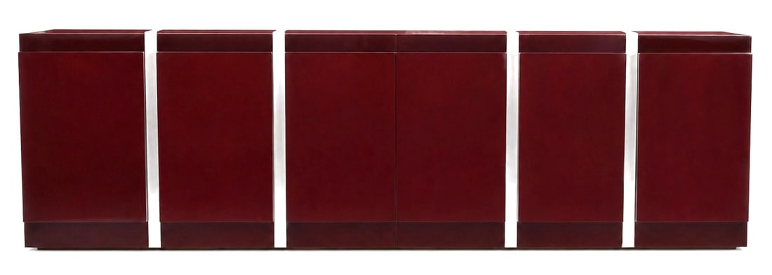 MODERN LACQUERED & CHROME BURGANDY SIDEBOARD 108": Contemporary sideboard featuring a high-gloss deep red lacquer finish with polished chrome accent bands. The cabinet offers multiple storage compartments with adjustable shelving concealed behind six 