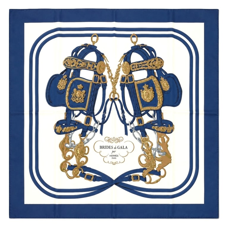HERMES BRIDES DE GALA SILK SCARF 35": A classic Hermes Paris silk scarf featuring the iconic Brides de Gala design, one of the most celebrated and enduring motifs in the house's history. This elegant composition showcases richly detailed 