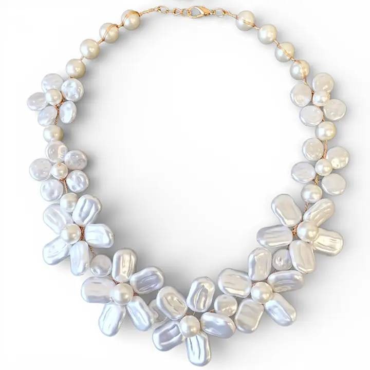 FLOWER COLLAR HANDMADE PEARL NECKLACE: Chunky | Handmade | Statement Jewelry | Perfect for Mother's Day, Spring, & Summer | | ?Name: Jasmine Necklace | ?Length: 17" + 3" Extender | ?Weight: 3.5 Ounces | ?Coastal Glass Pearl | ?Hand Shaped 