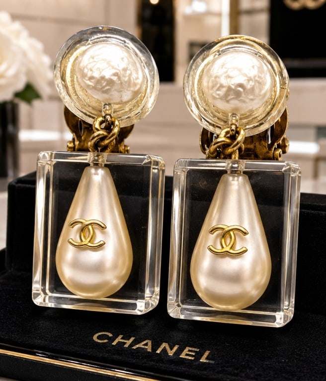 CHANEL LUCITE PEARL DROP CLIP EARRINGS 2" (1 of 6)