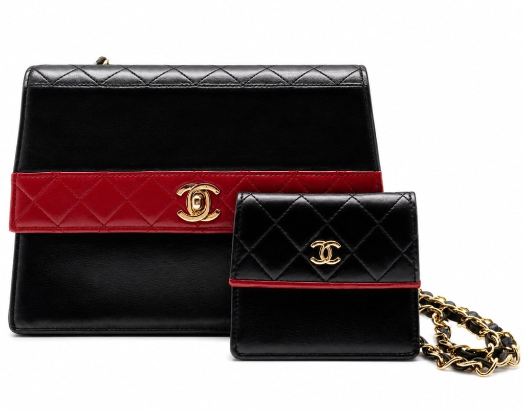 CHANEL VINTAGE BICOLOR FLAP BAG & WALLET 9" (1 of 12)