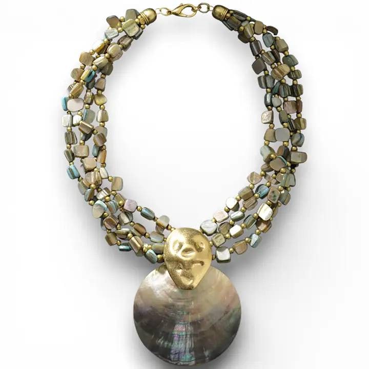 MOTHER OF PEARL HANDMADE SHELL NECKLACE: Chunky | Handmade | Statement Jewelry | Perfect for Mother's Day, Spring, & Summer | | ?Name: Pacifica Necklace (Ocean) | ?18" + 3" Extender | ?Weight: 2 Ounces | ?Lightweight Glass Beads | ?Vegan Lea