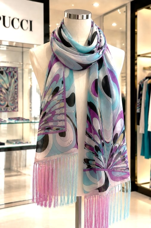 EMILIO PUCCI FRINGED CHIFFON SCARF 72" (1 of 7)