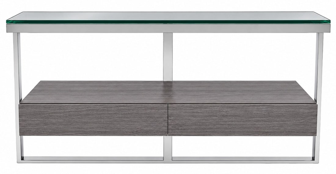 MODERN GLASS TOP CONSOLE TABLE w/ DRAWERS 51.5": Contemporary console table featuring a clear glass top, brushed metal frame, and two integrated storage drawers with a gray wood-grain finish. The open geometric design offers a clean, modern look whi