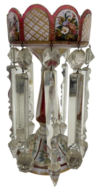 BOHEMIAN ENAMEL & CRYSTAL LUSTRE 12.5": This decorative Bohemian-style enamel and crystal lustre features hand-painted floral panels accented with gilt latticework and rich cranberry-colored detailing. The centerpiece is adorned with multip