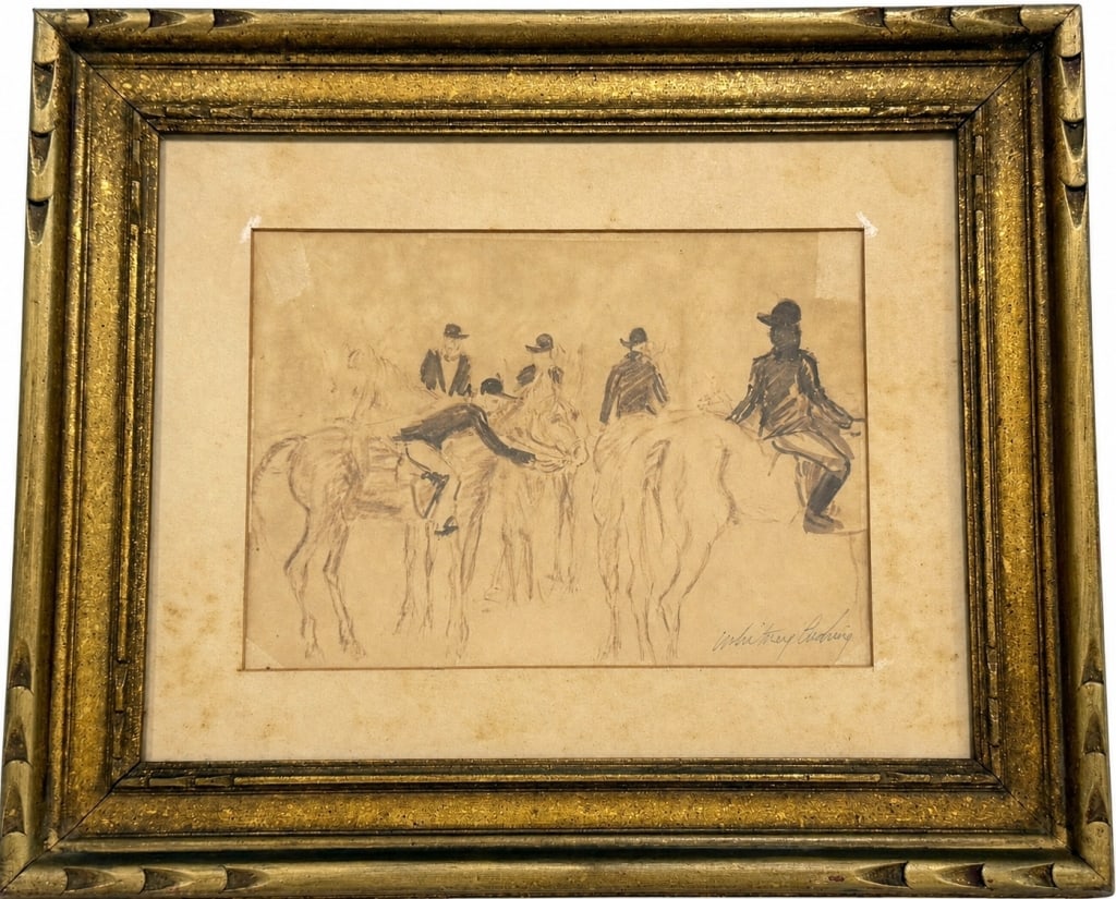 ATTRIB. WHITNEY CUSHING EQUESTRIAN MIXED MEDIA: Attributed to Whitney Cushing (American, 20th century) mixed media on paper depicting riders on horseback in a loosely rendered equestrian scene. Executed with expressive sketch-like lines and washes.