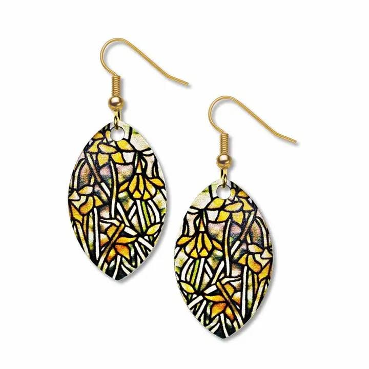 NEW! TIFFANY DAFFODIL EARRINGS: Louis C. Tiffany and his artisans captured the beauty and nuance of the natural world with their innovative leaded glass lampshades. Tiffany designer Clara Driscoll provided the inspiration for these
