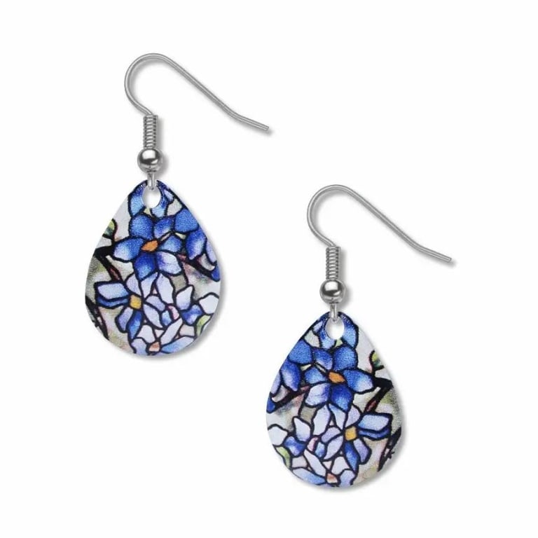 NEW! TIFFANY STAINED GLASS CLEMATIS EARRINGS: Louis C. Tiffany and his artisans captured the beauty and nuance of the natural world with their innovative leaded glass lampshades. Tiffany designer Clara Driscoll provided the inspiration for these