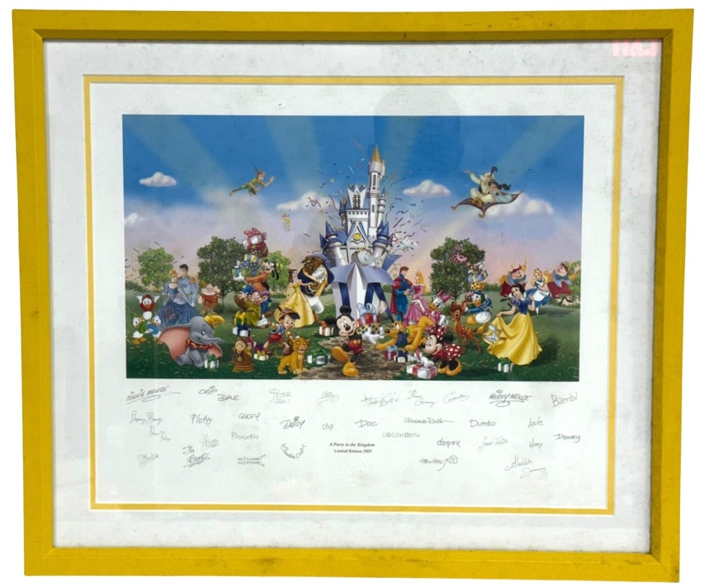 DISNEY 'A PARTY IN THE KINGDOM' L/E PRINT: Framed Disney commemorative limited release lithograph titled A Party in the Kingdom, issued in 2005 by the Disney Design Group. The colorful scene features Mickey Mouse, Minnie Mouse, Disney princess