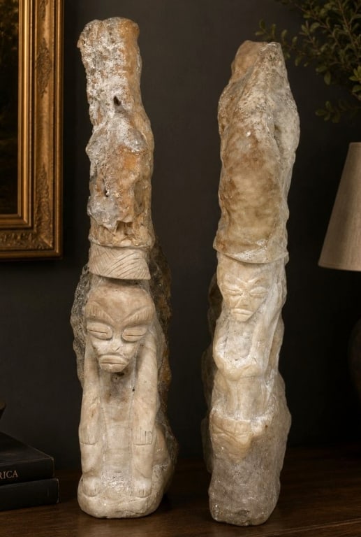 LARGE CARVED STONE FIGURAL SCULPTURES PAIR 19" (1 of 9)