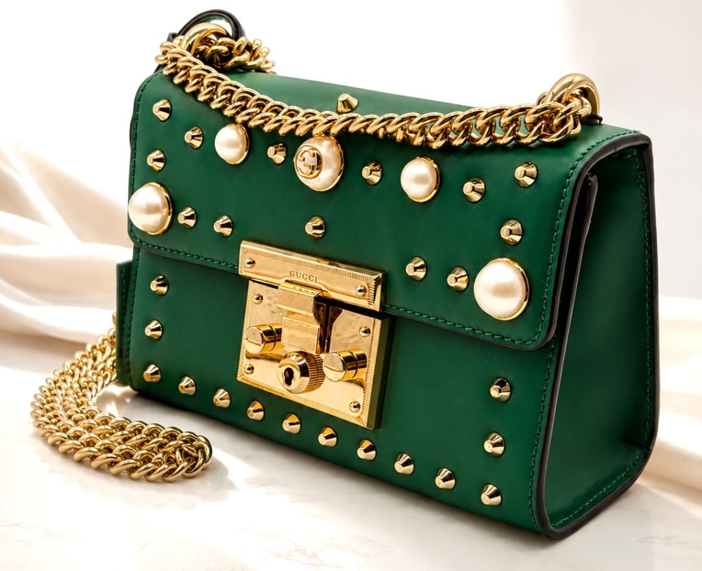 GUCCI PEARLY PADLOCK IN EMERALD 8": This authentic Gucci Pearly Padlock Shoulder Bag is crafted in luxurious emerald green leather and adorned with signature pearl cabochons, gold-tone studs, and polished gold-tone hardware. The structu