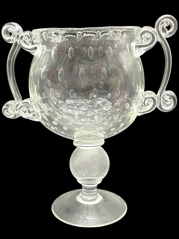 SIPEK ART GLASS PEDESTAL BOWL W SCROLL HANDLES 12": *for alternative shipping options please go to www.dejavuauctionshipping.com-BOREK SIPEK ART GLASS PEDESTAL BOWL WITH SCROLLED HANDLES 12" X 10" X 5" APPROX-Striking art glass pedestal bowl designed i