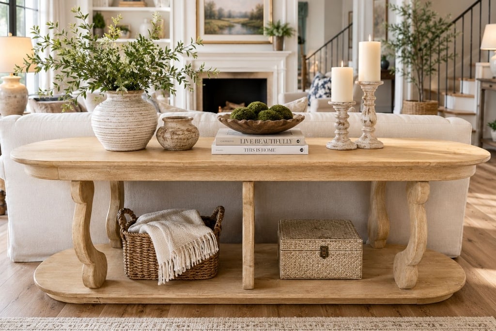 RUSTIC OAK CONSOLE TABLE w/ SHELF 98.5" L (1 of 9)
