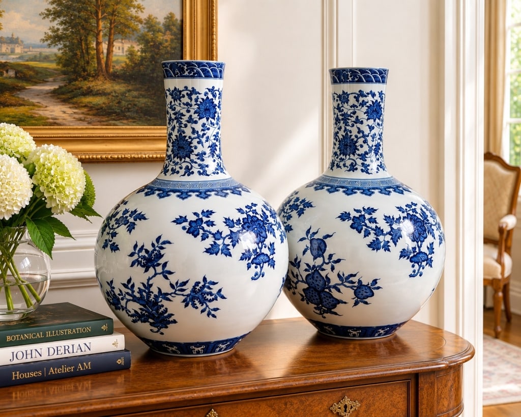 PR CHINESE BLUE & WHITE PORCELAIN FLOOR VASES 21": Decorative pair of blue and white porcelain floor vases featuring traditional Asian floral, scrolling vine, and fruit motifs on a white ground. Each vase is crafted in a classic bulbous form with elon