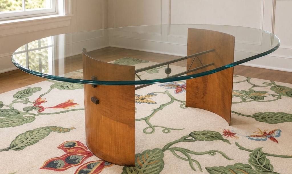 VLADIMIR KAGAN STYLE PORPELLER GLASS DINING TABLE: Contemporary dining table in the style of Vladimir Kagan's iconic Propeller design, featuring a thick oval glass top supported by sculptural curved wood pedestal elements and metal stretchers. The min