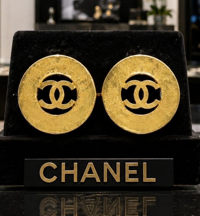 CHANEL LAGERFELD CC CUTOUT CLIP EARRINGS 1": Chanel Spring / Pritemps 1994 gold-tone clip earrings featuring a circular openwork design with the iconic interlocking CC logo suspended within a textured round frame. Marked Chanel, 94P, and Made in