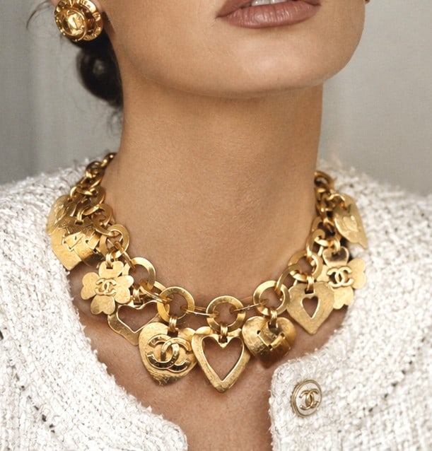 CHANEL HAMMERED HEART CHARM NECKLACE 1995 18": Authentic Chanel hammered heart charm necklace dating to 1995 and accompanied by a LegitGrails authentication certificate. Designed during the legendary Karl Lagerfeld era, this substantial gold-tone 