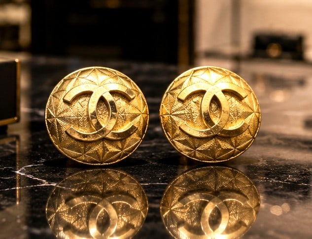 CHANEL RARE ROUND CC GOLD CLIP EARRINGS 1": Chanel Spring / Pritemps 1995 gold-tone clip earrings designed during the iconic Karl Lagerfeld era. These circular domed earrings feature raised interlocking CC logos over a faceted geometric pattern