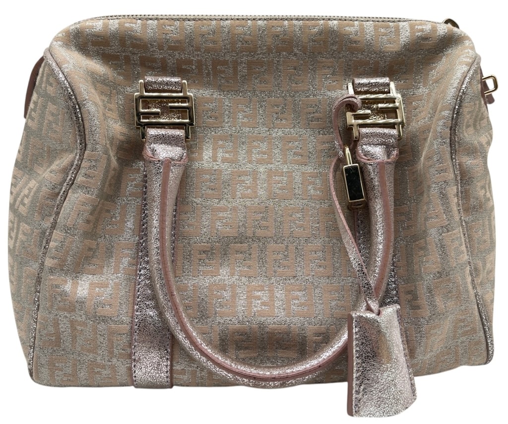 FENDI ZUCCHINO METALLIC SPEEDY BAG 10": Fendi Zucchino Speedy-style handbag featuring the iconic FF monogram canvas in metallic pink and silver tones. The bag is accented with metallic leather trim, gold-tone Fendi logo hardware, dual rolle
