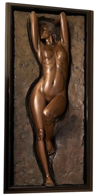 BILL MACK "CHARISMA" BRONZE RELIEF NUDE SCULPTURE: Bill Mack (American, born 1949) limited edition bronze patinated wall sculpture depicting a reclining nude female figure in high relief against a textured background. Titled "Charisma, 1995". Retains 