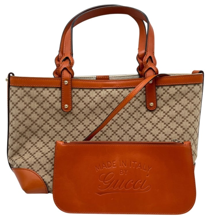 GUCCI CRAFT SMALL TOTE WITH POUCH 14": Gucci Craft small tote featuring the signature diamond-pattern canvas in beige and brown with rich cognac leather trim and handles. The bag includes dual top handles, an open-top tote design, and a ma