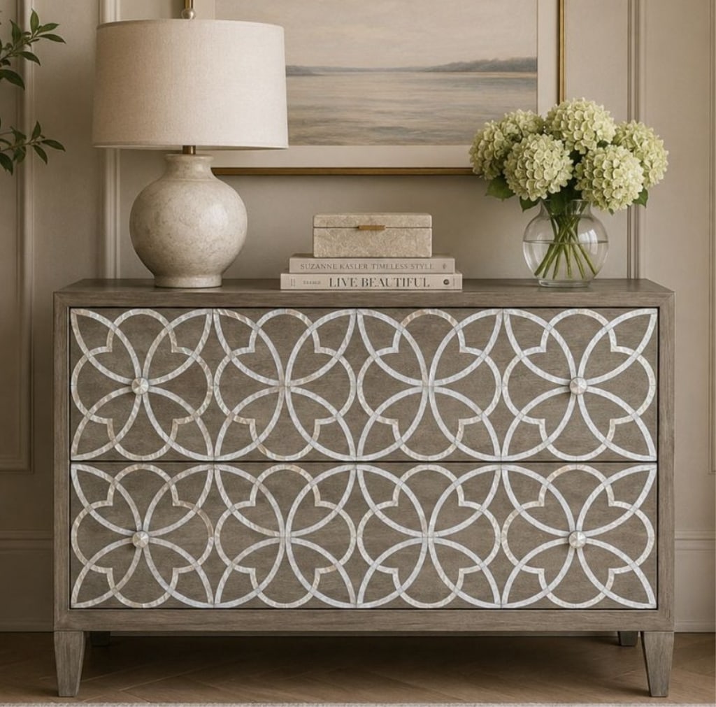 BERNHARDT MOTHER-OF-PEARL INLAID DRAWER CHEST: Bernhardt two-drawer chest featuring an allover geometric mother-of-pearl inlay motif across the drawer fronts and side panels. Finished in a warm taupe wood tone with tapered legs and matching inlaid