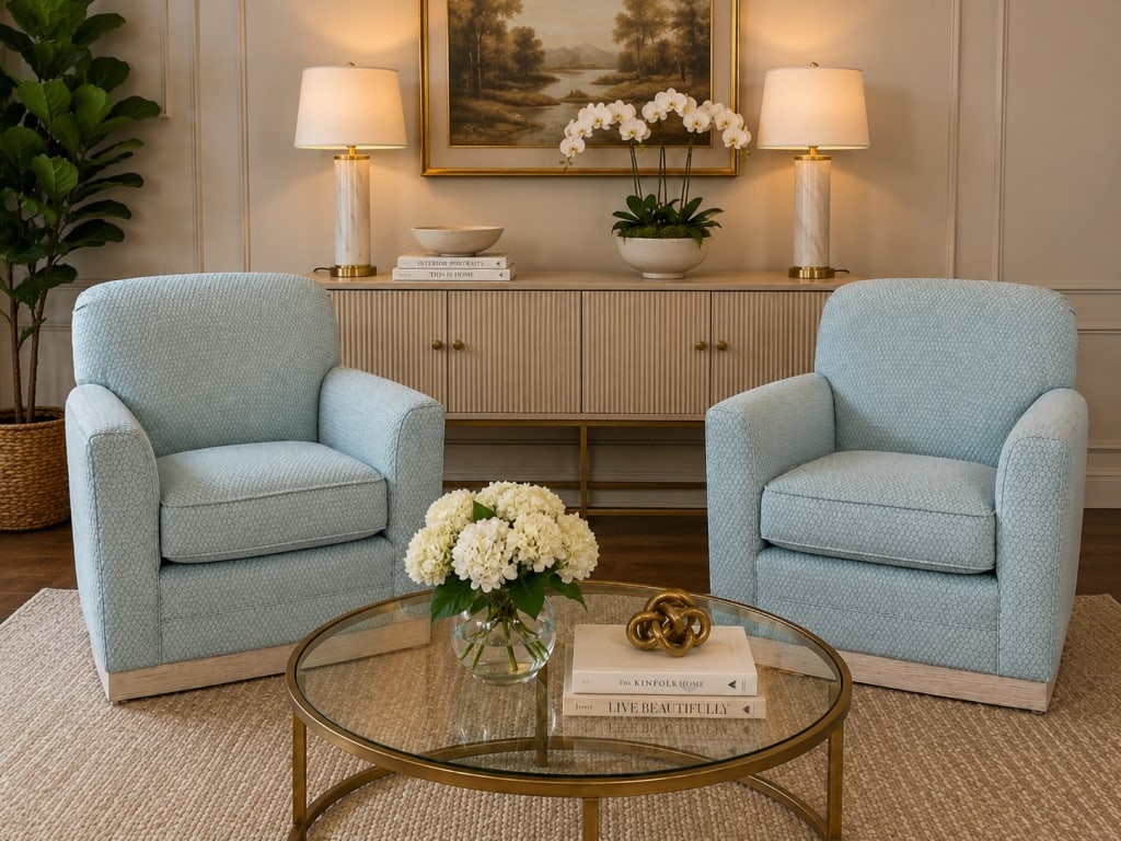 PAIR OF MICHAEL WEISS VANGUARD CLUB CHAIRS 32.5" H: Pair of upholstered club chairs designed by Michael Weiss for Vanguard Furniture. Features pale blue patterned upholstery, loose seat cushions, and curved backs with exposed wood bases. Comfortable ac