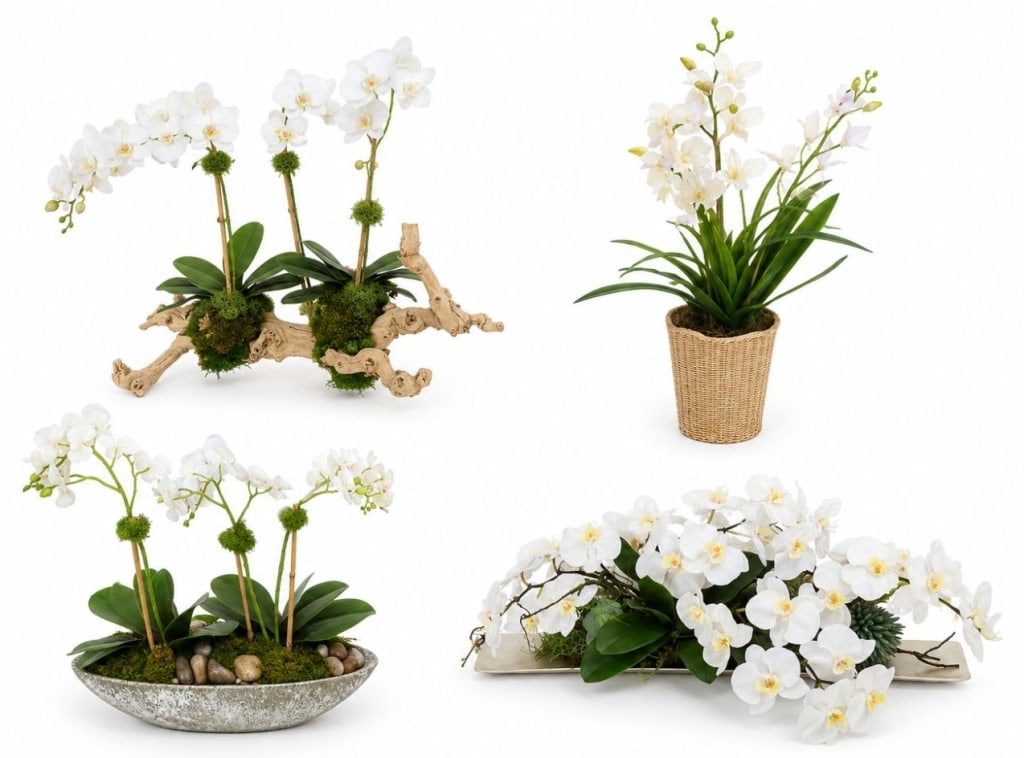 LOT OF FOUR FAUX ORCHID FLOWER ARRANGEMENTS: Collection of four decorative faux orchid arrangements in assorted containers and styles. Includes a woven basket planter, stone-look bowl centerpiece, elongated tray arrangement, and driftwood-mounte