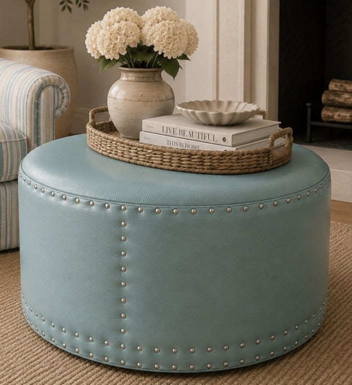 CONTEMPORARY TIFFANY BLUE OTTOMAN w/ WHEELS 36" (1 of 11)