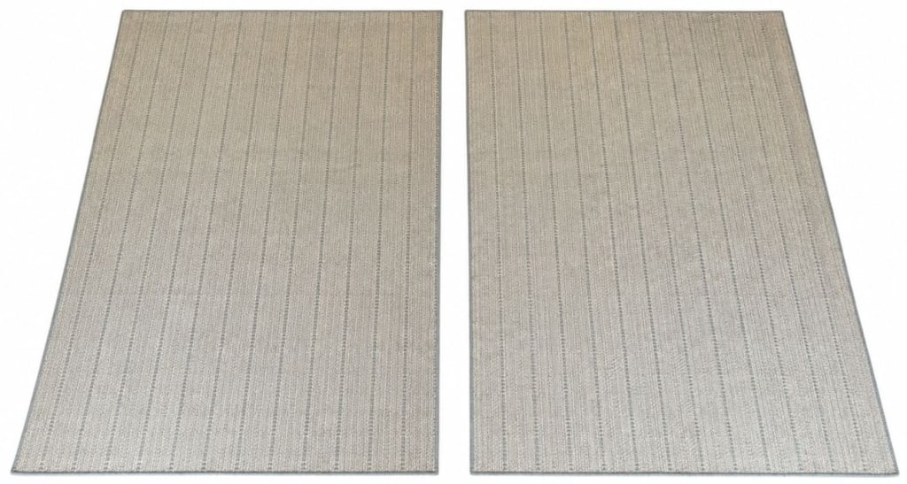 PAIR OF BLUE & IVORY AREA RUGS 55" X 88": Pair of matching area rugs featuring a blue and ivory geometric woven pattern with bound edges. Suitable for use in living rooms, bedrooms, offices, or covered outdoor spaces. Each rug measures approx