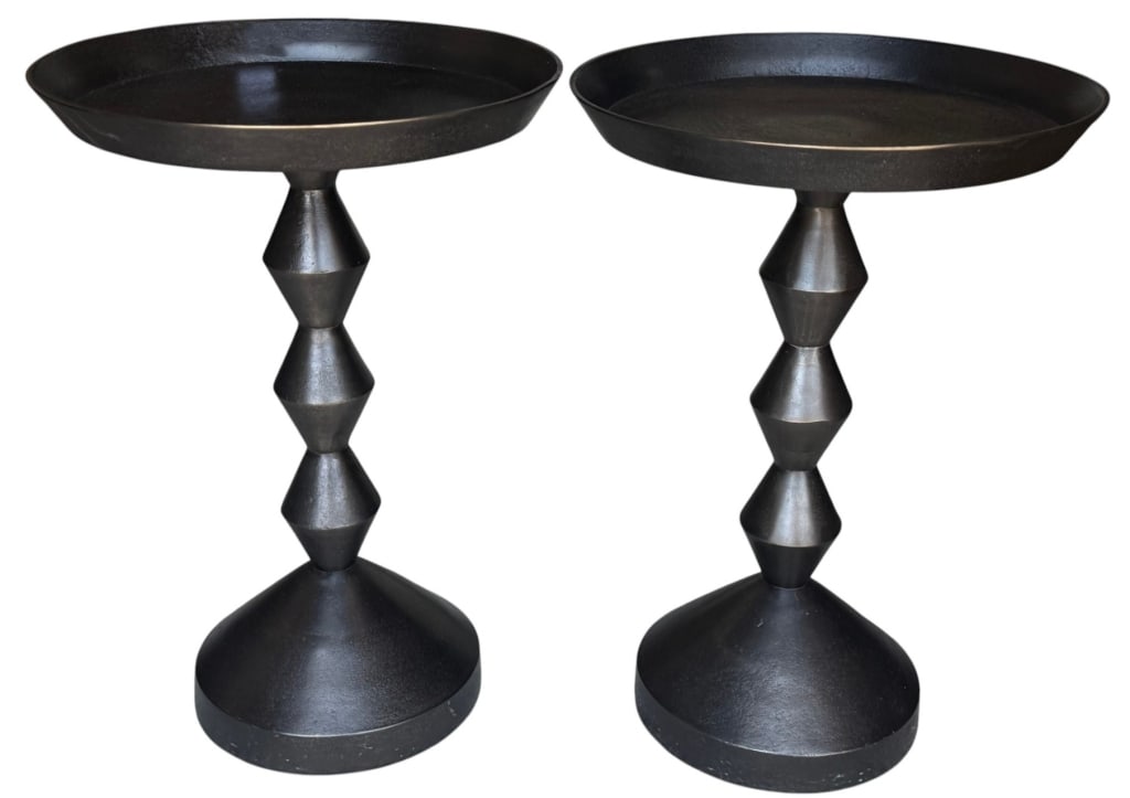 PAIR OF BERNHARDT METAL CHAIRSIDE TABLES 20.5" H: Pair of Bernhardt chair side tables featuring black metal tray-form tops and sculptural turned pedestal bases. The circular tops have raised rims, making them suitable for use as accent or drink table