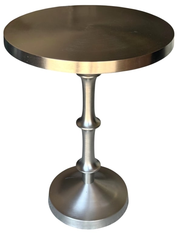 BERNHARDT METAL PEDESTAL CHAIRSIDE TABLE 22" H: Contemporary Bernhardt chairside table featuring a round top and sculptural pedestal base in a brushed metallic finish. The streamlined design blends modern and transitional styling, making it suitabl