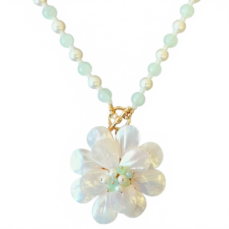 MOTHER OF PEARL HANDMADE STATEMENT NECKLACE: ?Ellie Necklace (Mint) | ?Length: 20" + 3" Extender | ?Weight: 3 oz | ?Lightweight Ivory Glass Pearls | ?Pastel Green Glass Beads | ?Hand Made Mother of Pearl Flower Pendant | ?Vintage 14k Gold Plated