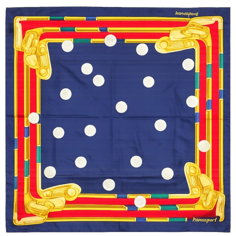 HANASPORT GOLF MOTIF SILK SCARF 35IN: This vintage Hanasport silk scarf features a striking golf-inspired design with white golf balls framed by colorful golf clubs in vibrant shades of gold, red, blue, and green against a navy blue field