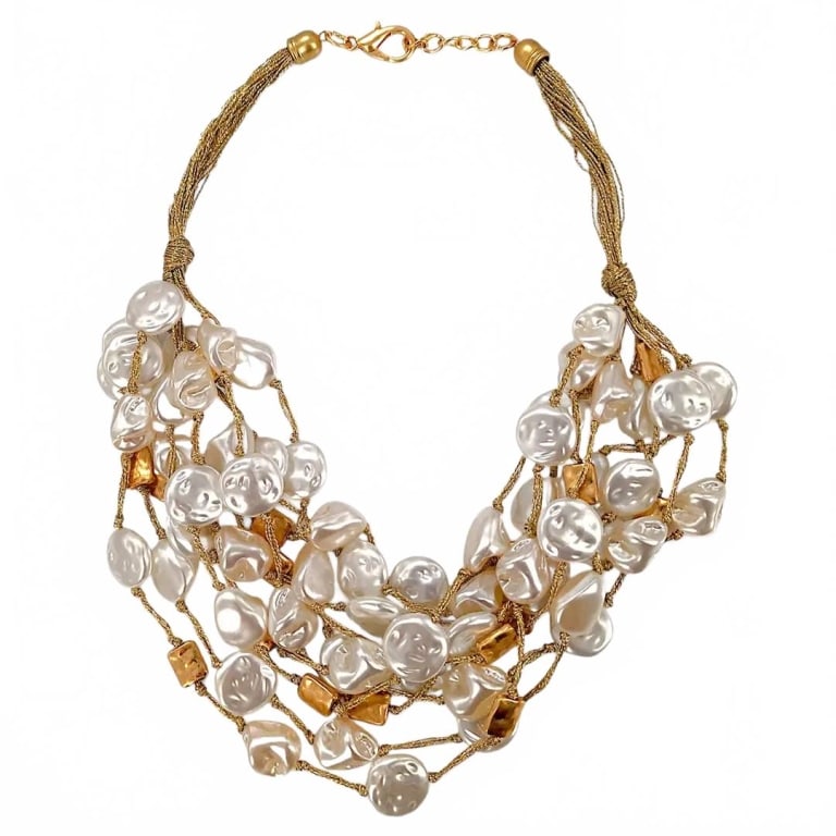 Multi-Strand Baroque Pearl Statement Necklace: Elegant multi-strand necklace featuring irregular coin white pearls and gold-tone beads. The layered design sits beautifully on the collar and uses a gold-tone chain closure. Striking accessory for fo